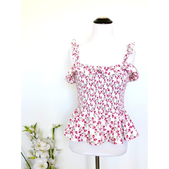 NEW! J. Crew Liberty of London Rose Floral Smocked Ruffle Top Pink SZ S - Picture 7 of 13